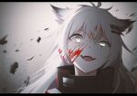  1girl absurdres animal_ears arknights blood blood_on_face commentary fangs furai_art hair_ornament hairclip highres lappland_(arknights) letterboxed long_hair looking_at_viewer messy_hair scar scar_across_eye scar_on_face solo upper_body white_eyes white_hair wolf_ears wolf_girl 