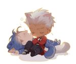  2boys animal_ears archer_(fate) cat_boy cat_ears chibi closed_eyes crossed_arms cu_chulainn_(fate) cu_chulainn_(fate/stay_night) dark_skin dog_boy dog_ears dog_tail drooling fate/grand_order fate/stay_night fate_(series) highres long_sleeves mouth_drool multiple_boys on_ground open_mouth sitting sleeping tail tobu_0w0 