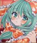  1girl bow closed_mouth comiket_100 frilled_bow frilled_ribbon frills front_ponytail green_eyes hair_ribbon highres kagiyama_hina looking_at_viewer masaki_(masarin0909) red_ribbon ribbon solo touhou traditional_media upper_body 