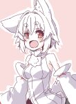  1girl :d animal_ears bare_shoulders breasts fangs highres inubashiri_momiji kuro-ekaki looking_at_viewer open_mouth outline pink_background red_eyes skin_fangs smile solo sweater touhou turtleneck turtleneck_sweater white_hair white_outline white_sleeves white_sweater wolf_ears wolf_girl 