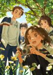  +_+ 2boys 2girls absurdres black_hair black_pants brown_hair camera day flower glasses gzxuanq hands_in_pockets highres jacket multiple_boys multiple_girls open_clothes open_jacket open_mouth outdoors pants short_hair squatting standing tree 