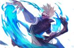  1boy black_jacket blue_eyes blue_fire blurry boku_no_hero_academia burn_scar cheek_piercing chromatic_aberration commentary_request dabi_(boku_no_hero_academia) dancing depth_of_field ear_piercing film_grain fire floating_clothes from_side glowing glowing_eyes hands_up high_collar highres jacket light looking_at_viewer looking_to_the_side male_focus matsuya_(pile) multiple_piercings multiple_scars open_mouth outstretched_arms partial_commentary piercing pyrokinesis sanpaku scar scar_on_arm scar_on_face scar_on_neck shirt short_hair short_sleeves simple_background smile solo spiky_hair spoilers spread_arms todoroki_touya torn_clothes turning_head upper_body white_background white_hair white_shirt 
