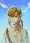  1boy blue_eyes brown_shirt clouds collarbone day earrings highres jewelry link looking_at_viewer male_focus outdoors pointy_ears ponytail psp26958748 shirt solo the_legend_of_zelda the_legend_of_zelda:_breath_of_the_wild upper_body 