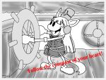  1920s_(style) 1girl :d animal_ears blunt_bangs english_text gold_ship_(umamusume) greyscale horse_ears horse_girl horse_tail long_hair mickey_mouse monochrome parody pillbox_hat ship&#039;s_wheel shoes smile solo steamboat_willie susono_kogara tail umamusume walt_disney_(style) watercraft 