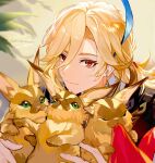  1boy artist_name biting blonde_hair braid cape closed_eyes closed_mouth commentary dated earrings english_commentary eyelashes feather_hair_ornament feathers fox genshin_impact green_eyes hair_between_eyes hair_ornament hands_up highres jewelry kaveh_(genshin_impact) long_hair looking_at_viewer male_focus parted_bangs plant red_cape red_eyes rokuon sidelocks single_braid smile solo twitter_username upper_body watermark 
