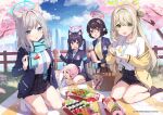  5girls animal_ears ayane_(blue_archive) bento black_hair black_socks blue_archive blue_eyes cat_ears closed_eyes foreclosure_task_force_(blue_archive) fork green_hair grey_hair halo holding holding_fork hoshino_(blue_archive) kneehighs kneeling looking_at_viewer mismatched_pupils multiple_girls no_shoes nonomi_(blue_archive) official_art open_mouth oryo_(oryo04) pink_hair pointy_ears purple_hair red_eyes seiza serika_(blue_archive) shiroko_(blue_archive) sitting socks thighs wariza white_socks wolf_ears yellow_eyes 