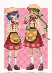  2girls apron blue_hair closed_eyes cosplay full_body green_eyes green_hair hat highres lana_(pokemon) long_hair long_sleeves mallow_(palentine&#039;s_2023)_(pokemon) mallow_(pokemon) mallow_(pokemon)_(cosplay) mizu_majuu_(waterman10) multiple_girls official_alternate_costume one_eye_closed open_mouth pokemon pokemon_(game) pokemon_masters_ex red_skirt short_hair skirt socks swept_bangs twintails waist_apron white_headwear white_socks 