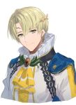  1boy alfred_(fire_emblem) ascot blonde_hair blue_cape cape closed_mouth fire_emblem fire_emblem_engage hair_between_eyes highres looking_at_viewer male_focus short_hair smile solo tomo_shirasu upper_body white_background yellow_ascot yellow_eyes 