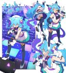  1girl absurdres ai.mi_(omega_strikers) ai.mi_(omega_strikers)_(idol_ai.mi) animal_ears audience blue_eyes blue_hair bow cat_ears cat_girl concert gloves hair_ornament heterochromia highres holding holding_microphone idol long_hair microphone multiple_views music omega_strikers open_mouth singing skirt solo stage standing thigh-highs yellow_eyes zizi_niisan 