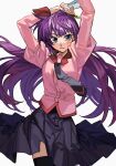  1girl absurdres arms_up black_skirt blue_eyes boxcutter breasts closed_mouth highres holding_boxcutter juliet_sleeves long_hair long_sleeves looking_at_viewer medium_breasts monogatari_(series) naoetsu_high_school_uniform necktie pink_shirt pleated_skirt puffy_sleeves purple_hair ruler school_uniform senjougahara_hitagi shirt skirt solo standing stationery thigh-highs very_long_hair white_background yarawi 