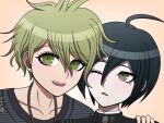  2boys :d :o ahoge amami_rantaro brown_eyes collarbone danganronpa_(series) danganronpa_v3:_killing_harmony ear_piercing earrings green_eyes green_hair hand_on_another&#039;s_shoulder highres jewelry male_focus messy_hair multiple_boys necklace one_eye_closed piercing portrait saihara_shuichi shirt short_hair smile striped striped_shirt suiren_yurei teeth upper_teeth_only 