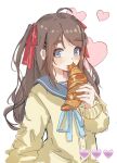  1girl ahoge blue_eyes blue_sailor_collar blush bread brown_hair cardigan croissant eating food food_in_mouth green_ribbon hair_ornament hair_ribbon hairclip heart highres indie_virtual_youtuber live2d_inc. long_hair looking_at_viewer momose_hiyori neck_ribbon neuro-sama red_ribbon ribbon sailor_collar school_uniform serafuku sidelocks thick_eyebrows two_side_up upper_body virtual_youtuber white_background wwparasi yellow_cardigan 