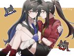  2girls animal_ears arknights black_hair black_shorts blue_gloves blue_hair blue_necktie carrying carrying_person closed_mouth collared_shirt colored_inner_hair dated dual_persona fingerless_gloves gloves green_necktie highres jsjdndhidnshssj long_hair multicolored_hair multiple_girls necktie official_alternate_costume ponytail red_gloves red_shirt red_socks redhead shirt shorts socks texas_(arknights) texas_(willpower)_(arknights) texas_the_omertosa_(arknights) white_shirt wolf_ears 