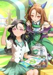  6+girls animal_ears backpack bag black_hair bow breast_pocket brown_eyes brown_hair buttons domino_mask double-breasted dress el_condor_pasa_(umamusume) gloves golden_generation_(umamusume) grass_wonder_(umamusume) green_bow green_dress green_skirt hair_between_eyes hair_bow hand_on_own_hip highres holding holding_paper horse_ears horse_girl horse_tail king_halo_(noble_white_cheer_attire)_(umamusume) king_halo_(umamusume) light_green_hair long_hair looking_at_another looking_to_the_side mask moffumoto multiple_girls original paper pink_eyes pleated_skirt pocket seiun_sky_(umamusume) short_hair short_sleeves sitting skirt special_week_(umamusume) tail umamusume wavy_hair white_bag white_hair 