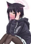  1girl animal_ears black_hair black_jacket black_pantyhose blue_archive blunt_bangs blush cat_ears colored_inner_hair extra_ears feet_out_of_frame halo highres hood hooded_jacket jacket kazusa_(blue_archive) knees_up looking_at_viewer mask mouth_mask multicolored_hair pantyhose pepsi2330 pink_hair print_mask school_uniform simple_background solo two-tone_hair white_background 