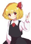  144udy 1girl absurdres ascot black_skirt black_vest blonde_hair blush closed_mouth collared_shirt hair_ribbon highres long_sleeves red_ascot red_eyes red_ribbon ribbon rumia shirt short_hair simple_background skirt smile solo touhou vest white_background white_shirt 