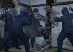  131_nngo 6+boys ballistic_shield baton_(weapon) battle boots commentary_request helmet highres holding holding_shield holding_weapon horror_(theme) indoors large_hands monster multiple_boys original police police_uniform realistic shield sliding_doors tatami too_many_hands uniform weapon 