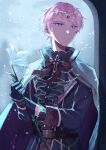  1boy black_gloves buttons cape commentary_request cowboy_shot cross ensemble_stars! flower gloves high_collar highres holding holding_flower itsuki_shu long_sleeves male_focus parted_lips pink_hair short_hair snowing solo violet_eyes wednesday_108 