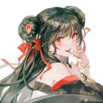 1girl bare_shoulders black_hair bracelet commentary_request double_bun from_side girls&#039;_frontline_neural_cloud girls_frontline hair_bun hair_ornament hair_ribbon highres jewelry jiangyu_(girls&#039;_frontline_nc) long_hair looking_at_viewer mingyin_akn mouth_hold off_shoulder open_mouth orange_eyes red_ribbon ribbon simple_background smile solo type_97_(girls&#039;_frontline) upper_body weibo_username white_background 