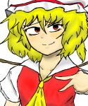  absurdres blonde_hair flandre_scarlet highres looking_to_the_side red_eyes red_shirt ribbon shirt smile smug tomino&#039;s_hell touhou v white_background yellow_ribbon 