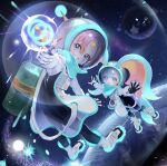  2boys black_bodysuit blue_hair bodysuit boots elfilin full_body gloves gun helmet highres holding holding_gun holding_weapon hologram kirby kirby_(series) looking_at_viewer mi_(mm) multiple_boys open_mouth pink_eyes pink_hair planet short_hair star_(symbol) weapon white_footwear white_gloves 