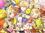  1girl 2boys absurdres ascot balloon blue_eyes bow brother_and_sister closed_eyes commentary detached_sleeves hair_bow hair_ornament headphones headset highres holding holding_stuffed_toy hoshi-toge jacket kagamine_len kagamine_rin long_sleeves microphone multiple_boys nenerobo open_mouth orange_jacket pink_bow project_sekai short_ponytail siblings smile star_(symbol) star_hair_ornament stuffed_animal stuffed_bird stuffed_bunny_(project_sekai) stuffed_cat stuffed_rabbit stuffed_toy stuffed_turtle symbol-only_commentary teddy_bear tenma_tsukasa twins upper_body vest vocaloid white_ascot white_jacket white_vest wonderlands_x_showtime_(project_sekai) wonderlands_x_showtime_len wonderlands_x_showtime_rin 