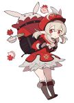  1girl :o ahoge backpack bag blonde_hair brown_gloves clover_print coat do_m_kaeru genshin_impact gloves hair_between_eyes hat hat_feather jumpy_dumpty klee_(genshin_impact) long_sleeves looking_at_viewer low_twintails open_mouth pointy_ears red_coat red_eyes red_headwear sidelocks solo twintails 