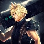  1boy adam_ryu_ford armor black_gloves blonde_hair blue_eyes blue_sweater buster_sword closed_mouth cloud_strife commentary earrings english_commentary final_fantasy final_fantasy_vii gloves holding holding_sword holding_weapon huge_weapon jewelry looking_to_the_side male_focus over_shoulder ribbed_sweater short_hair shoulder_armor single_bare_shoulder single_earring sleeveless sleeveless_turtleneck solo spiky_hair stud_earrings suspenders sweater sword turtleneck turtleneck_sweater upper_body weapon weapon_over_shoulder 