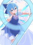  1girl blue_bow blue_dress blue_eyes bow cirno closed_mouth commentary_request detached_wings dress hair_bow hand_on_own_face highres ice ice_wings looking_at_viewer mikan_(manmarumikan) short_sleeves smile solo touhou wings zoom_layer 