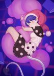  1girl black_dress blush book breasts closed_eyes commentary doremy_sweet dream_soul dream_world_(touhou) dress full_body hat highres medium_breasts ni_(221) nightcap open_mouth pom_pom_(clothes) purple_hair red_headwear short_hair sleeping solo symbol-only_commentary tail tapir_tail touhou white_dress 