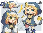 &gt;_&lt; +++ 1girl androgyne_symbol aqua_eyes black_gloves blonde_hair blush_stickers bridget_(guilty_gear) chibi cuffs female_focus fingerless_gloves gloves guilty_gear guilty_gear_strive habit handcuffs highres hood hood_up hooded_jacket hoodie itsuka_neru jacket long_sleeves looking_at_viewer looking_to_the_side medium_hair multiple_views open_clothes open_hoodie open_mouth puffy_long_sleeves puffy_sleeves smile yo-yo