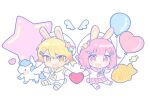  1boy 1girl animal_ears balloon beret blonde_hair blunt_bangs commentary_request food full_body hat heart heart_balloon holding holding_balloon multiple_hairpins ootori_emu open_mouth orange_eyes orange_hair pegasus pink_eyes pink_hair pnyo_emc project_sekai rabbit_ears rabbit_tail sailor_collar short_hair short_sleeves simple_background socks star_(symbol) star_balloon tail taiyaki tenma_tsukasa wagashi white_background white_socks 