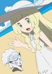  1girl :d alolan_vulpix bare_arms beach blonde_hair blue_ribbon blunt_bangs braid clouds collared_dress commentary_request day dress eyelashes green_eyes hand_up hat hat_ribbon highres ia_(ilwmael9) lillie_(pokemon) long_hair open_mouth outdoors pokemon pokemon_(anime) pokemon_(creature) pokemon_sm_(anime) ribbon sand shore sky sleeveless sleeveless_dress smile sun_hat sundress tongue twin_braids water white_dress white_headwear 