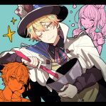  1other 2boys absurdres akiyama_mizuki blonde_hair blue_background brown_shirt brown_vest cape closed_mouth hat highres hoshi-toge kaitou_shinshi_no_harahara!?_white_day_(project_sekai) letterboxed long_sleeves looking_at_viewer multiple_boys one_eye_closed project_sekai shinonome_akito shirt smile tenma_tsukasa top_hat upper_body vest white_cape white_headwear yellow_eyes 