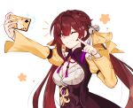  1girl braid breasts brown_eyes brown_hair cellphone chinese_clothes closed_mouth commentary hair_ornament hair_ribbon hand_up highres holding holding_phone honkai:_star_rail honkai_(series) long_hair long_sleeves medium_breasts mi_(27782900) one_eye_closed phone ribbon selfie simple_background smartphone smile solo sushang_(honkai:_star_rail) twintails upper_body white_background yellow_ribbon 