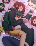  1boy 1girl bed bed_sheet blush boku_no_hero_academia brown_hair closed_eyes couple freckles gloves green_hair hetero highres hood hoodie hug midoriya_izuku mu_1_2 on_bed pillow short_hair sleeping stuffed_toy twitter_logo twitter_username uraraka_ochako 