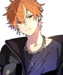  1boy absurdres black_jacket blonde_hair blue_shirt chain_necklace collarbone green_eyes highres hoshi-toge jacket jewelry looking_at_viewer male_focus multicolored_hair necklace orange_hair parted_lips pocket project_sekai shinonome_akito shirt simple_background solo streaked_hair the_power_of_unity_(project_sekai) upper_body white_background 