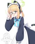  2girls adjusting_eyewear alternate_costume animal_ear_headphones animal_ears bespectacled blonde_hair blue_archive blunt_bangs blush cat_ear_headphones cat_ears commentary_request enmaided fake_animal_ears glasses green_eyes halo headphones hoshino_ouka looking_at_viewer maid maid_headdress midori_(blue_archive) momoi_(blue_archive) multiple_girls siblings translation_request twins white_background 