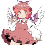  1girl closed_mouth collared_shirt cowboy_shot dress feathered_wings frilled_dress frills grey_eyes highres ini_(inunabe00) juliet_sleeves long_sleeves looking_at_viewer mystia_lorelei pink_dress pink_hair pointy_ears puffy_sleeves shirt short_hair smile solo touhou white_shirt wings 