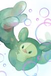  blurry bubble commentary_request green_eyes highres no_humans open_mouth outstretched_arms pokemon pokemon_(creature) reuniclus smile solo wafu_pkmn white_background 