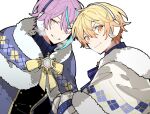  2boys black_jacket blonde_hair blue_bow blue_bowtie blue_hair blue_sweater blush bow bowtie cape commentary condensation earmuffs fur-trimmed_cape fur_trim highres hoshi-toge jacket kamishiro_rui looking_at_viewer multicolored_hair multiple_boys project_sekai purple_cape purple_hair simple_background smile streaked_hair sweater tenma_tsukasa turtleneck turtleneck_sweater upper_body white_background white_cape yellow_bow yellow_bowtie yellow_eyes 