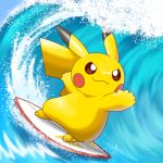  &gt;:) brown_eyes creature lightning_bolt_symbol marking_on_cheek no_humans outstretched_arms pikachu pirosiki025 pokemon pokemon_(creature) polka_dot smile solo standing surfing surfing_pikachu v-shaped_eyebrows water waves 