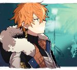  1boy black_jacket black_sweater blonde_hair condensation fur-trimmed_hood fur_trim highres hood hood_down hooded_jacket hoshi-toge jacket long_sleeves looking_to_the_side male_focus multicolored_hair orange_hair project_sekai same_dreams_same_colors_(project_sekai) shinonome_akito solo streaked_hair sweater turtleneck turtleneck_sweater upper_body 