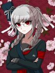  1girl arms_under_breasts black_shirt braid breasts collarbone crossed_arms danganronpa_(series) danganronpa_2:_goodbye_despair floral_background frown glasses grey_hair hair_ornament hair_ribbon highres large_breasts long_hair long_sleeves looking_at_viewer pekoyama_peko red_armband red_background red_eyes ribbon shirt solo suiren_yurei twin_braids white_ribbon 