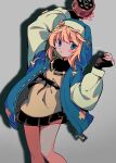 1girl androgyne_symbol black_gloves black_skirt blonde_hair blue_eyes bridget_(guilty_gear) female_focus fingerless_gloves gloves grey_background guilty_gear guilty_gear_strive habit highres hood hood_up hooded_jacket hoodie jacket long_sleeves looking_at_viewer medium_hair menma_(enaic31) open_clothes open_hoodie pleated_skirt puffy_long_sleeves puffy_sleeves skirt standing yo-yo