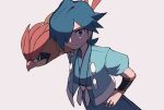  1boy aqua_hair bird black_wristband closed_mouth commentary_request falkner_(pokemon) hair_over_one_eye hand_on_own_hip haori jacket japanese_clothes kimono looking_at_viewer male_focus medium_hair on_shoulder open_clothes open_jacket pants pidgeotto pokemon pokemon_(creature) pokemon_(game) pokemon_hgss pokemon_on_shoulder sash short_sleeves tyako_089 white_background wristband 