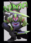  1boy animal_ears black_border border gears green_armor grey_background highres kamen_rider kamen_rider_geats_(series) kamen_rider_tycoon leaf ninja ninja_dueler raccoon_ears red_eyes reverse_grip squatting sword tanuki tiri_bani weapon wind 