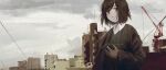  1girl building cellphone daruma_karei earphones grey_sky highres holding holding_phone medium_hair original pale_skin phone scenery sepia sky smartphone 