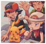  1girl 2boys ash_ketchum black_hair blue_hair brock_(pokemon) brown_hair clean closed_eyes commentary_request curry curry_rice eating food food_on_hand getting_up hat hikari_(pokemon) looking_at_another multiple_boys multiple_girls pikachu pokemon pokemon_(anime) pokemon_(creature) rice short_hair sitting sparkle table umebosibakari2 utensil_in_mouth whiskers 
