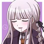  1girl :d black_ribbon border braid brown_necktie closed_eyes collared_shirt danganronpa:_trigger_happy_havoc danganronpa_(series) drooling grey_hair hair_ribbon highres jacket kirigiri_kyoko long_hair necktie open_clothes open_jacket pale_skin pink_background purple_jacket ribbon shirt side_braid smile solo suiren_yurei white_border white_shirt 